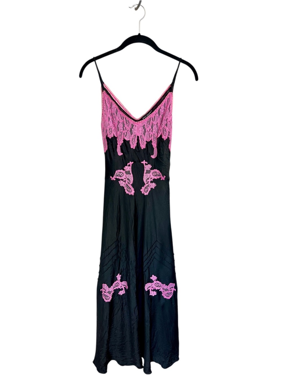 Vintage Betsey Johnson silk satin bias cut black pink lace midi dress coquette - Picture 2 of 14